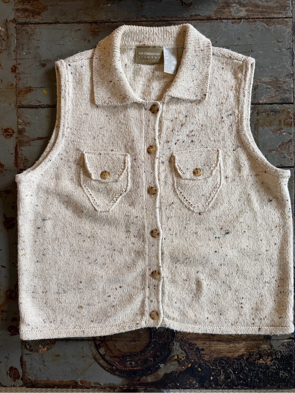 Vintage Liz Claiborne Cream Speckled Coastal Earthy Granola Button Down Vest
